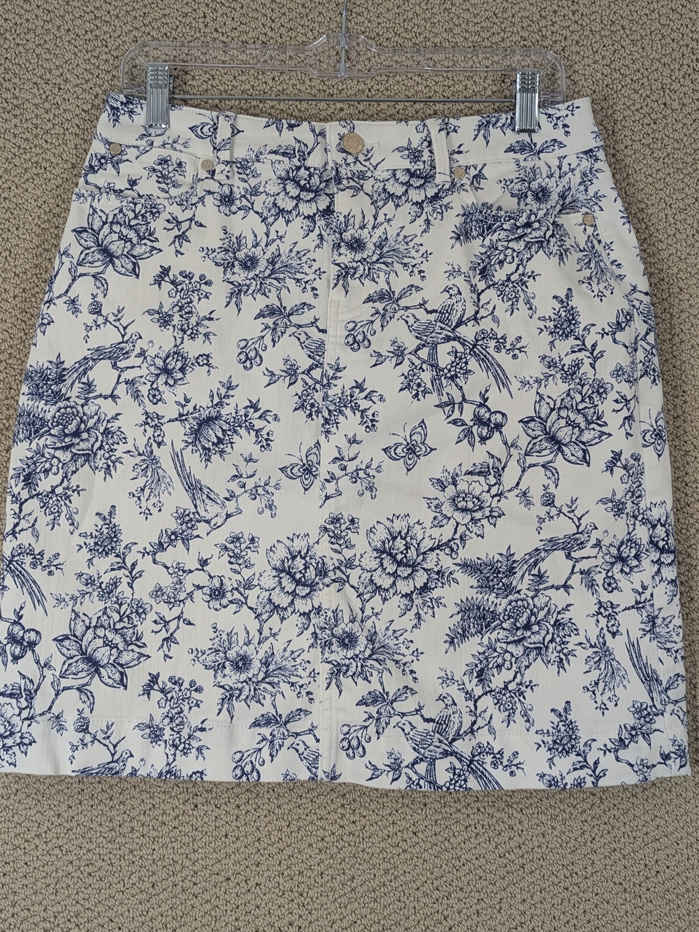Talbots Denim A-Line Skirt Bird Toile Size 4 5-Pocket Stretch Blue White Floral